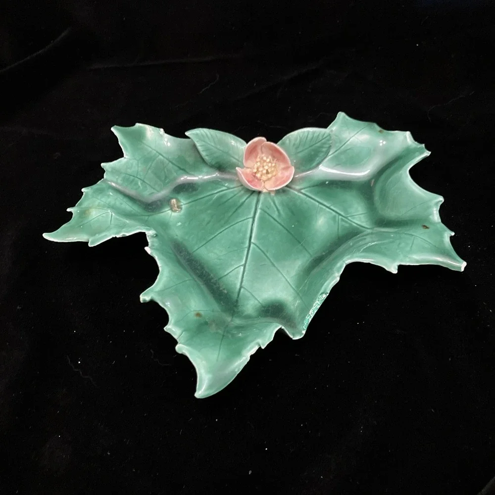 Floral Maple Leaf Ceramic Candy Trinket Dish Ashtray VTG MCM Green Pink Japan